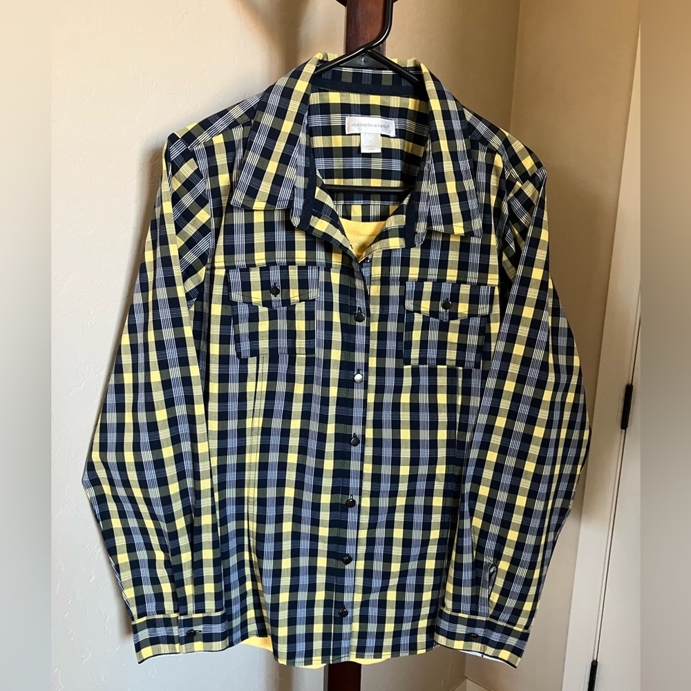 Christopher & Banks Women’s Navy & Yellow Plaid Long Sleeve Shirt. Size L. NWOT.